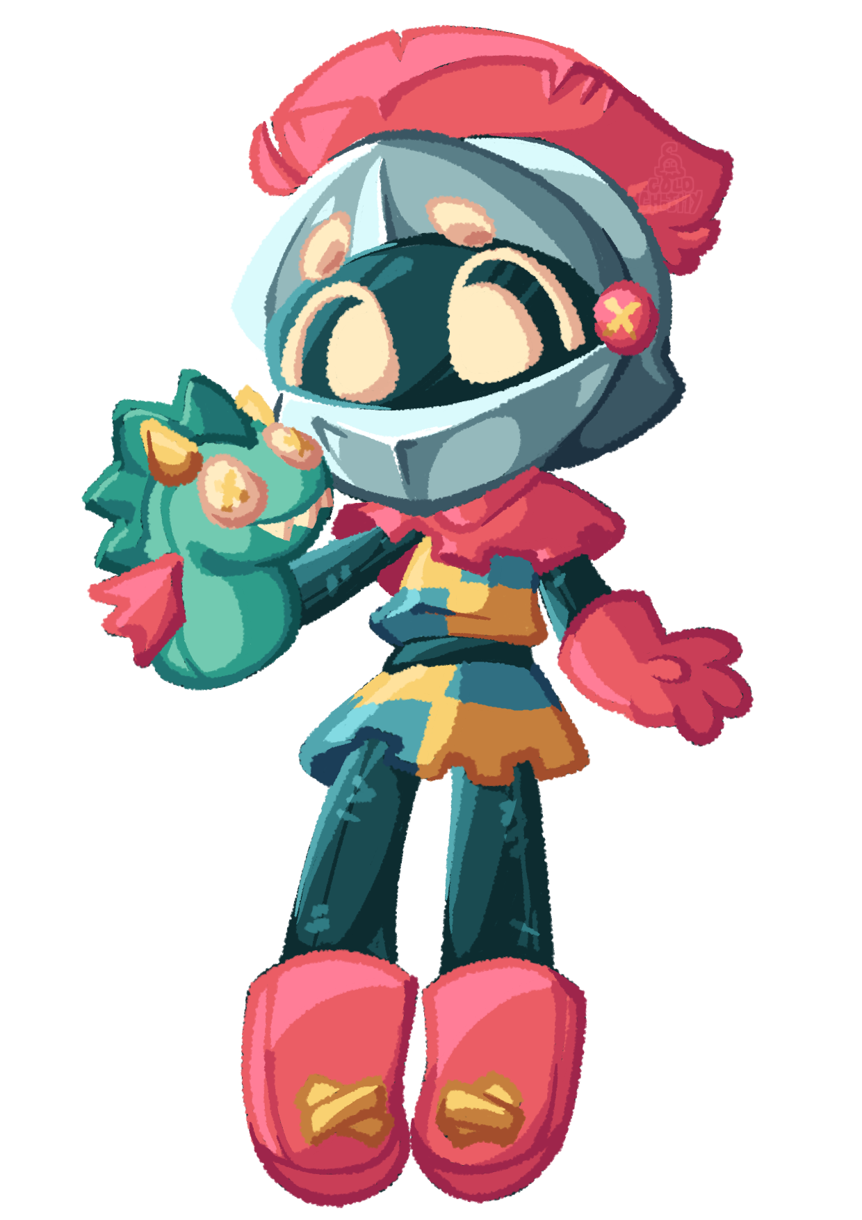 A drawing of a tiny cartoon knight dressed in a red, yellow, and cyan tunic with a silver helmet hiding most of their face and a green dragon hand puppet.
